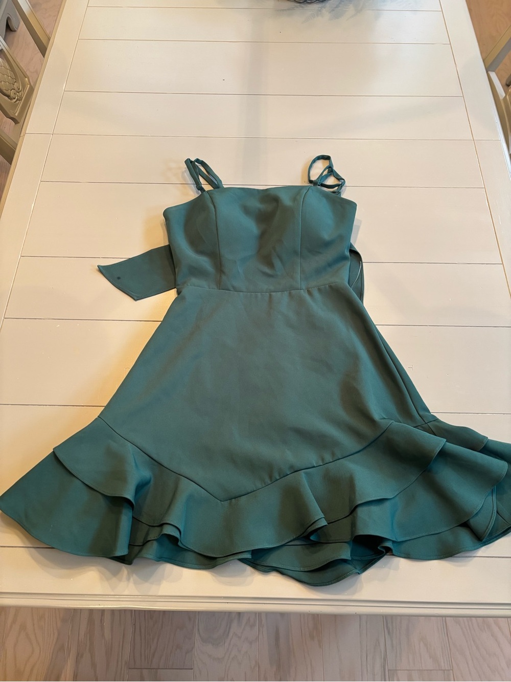 Green Ruffle-Hem Teens Dress with Spaghetti Straps
